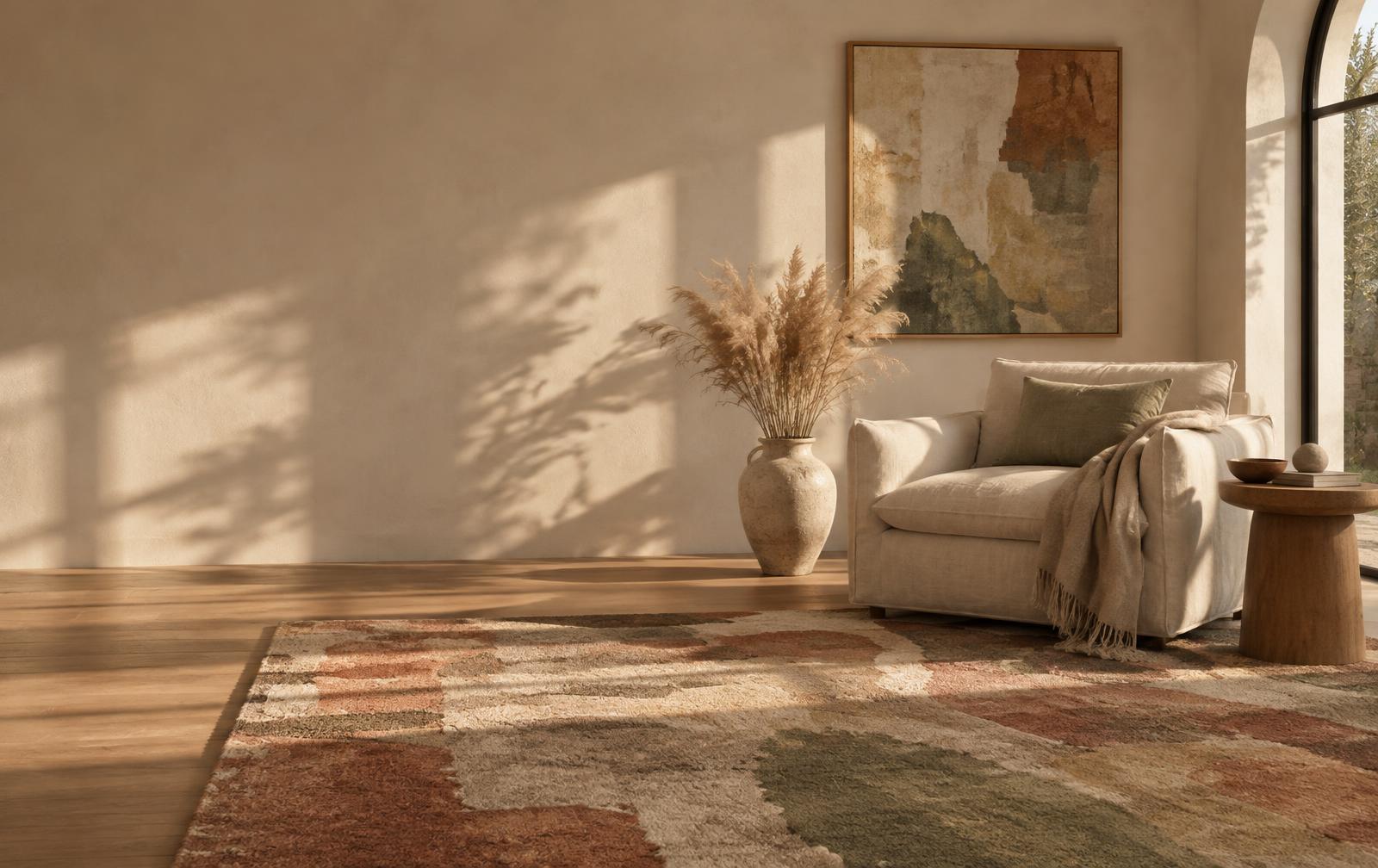 A living room corner with a textured abstract rug in warm tones
